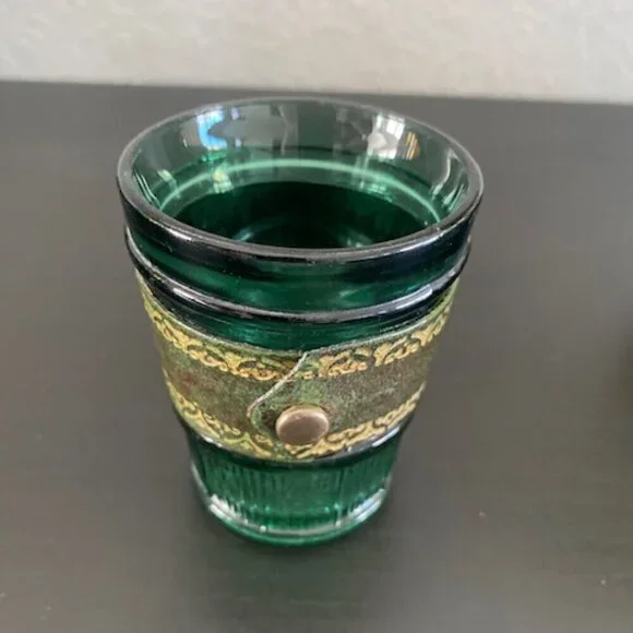 RARE! Vintage 60s MCM Emerald Green Leather Banded Tumbler Glasses Set of 6 - Picture 8 of 14